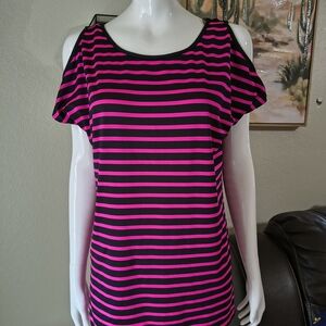Michael Kors Black and Pink Striped Cold Shoulder Blouse